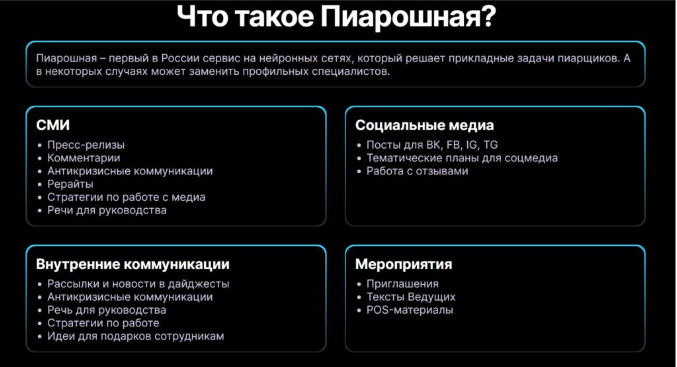 Окно сервиса «Пиарошная» с возможностями генерации текстов для СМИ, соцсетей, мероприятий и внутренних коммуникаций