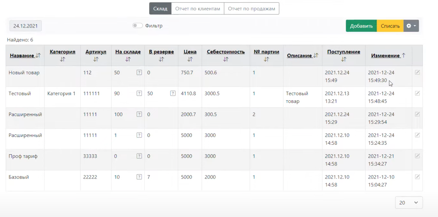 Интерфейс первой версии GoSklad с лаконичным дизайном и возможностью управления товарными данными
