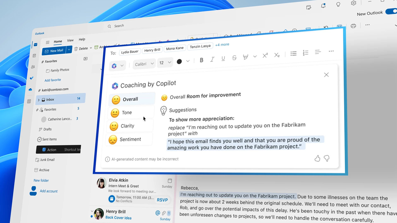 Copilot в почтовом клиенте Microsoft — Outlook предлагает ответ на входящее письмо
