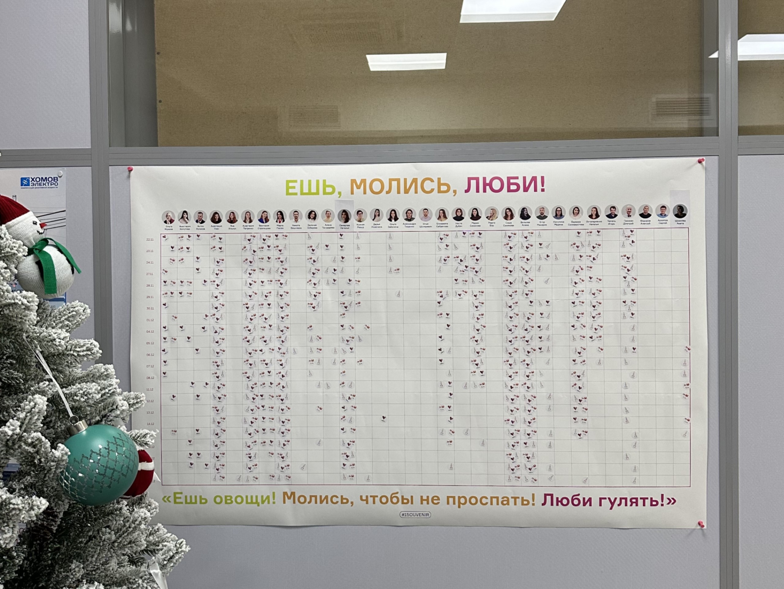 Доска результатов челленджа «Ешь. Молись. Люби» с фотографиями участников и статистикой