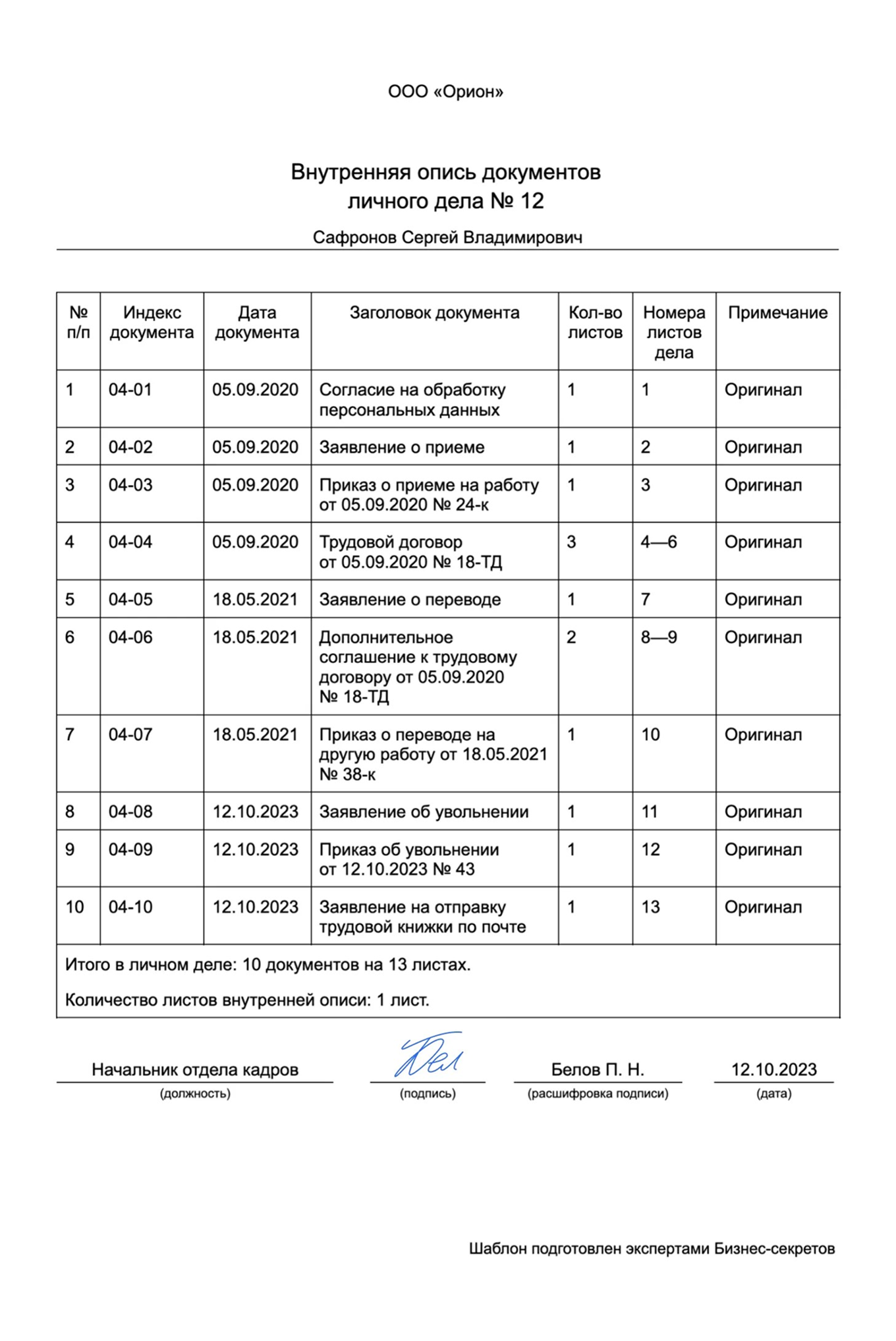 Опись документов для личного дела работников: образец