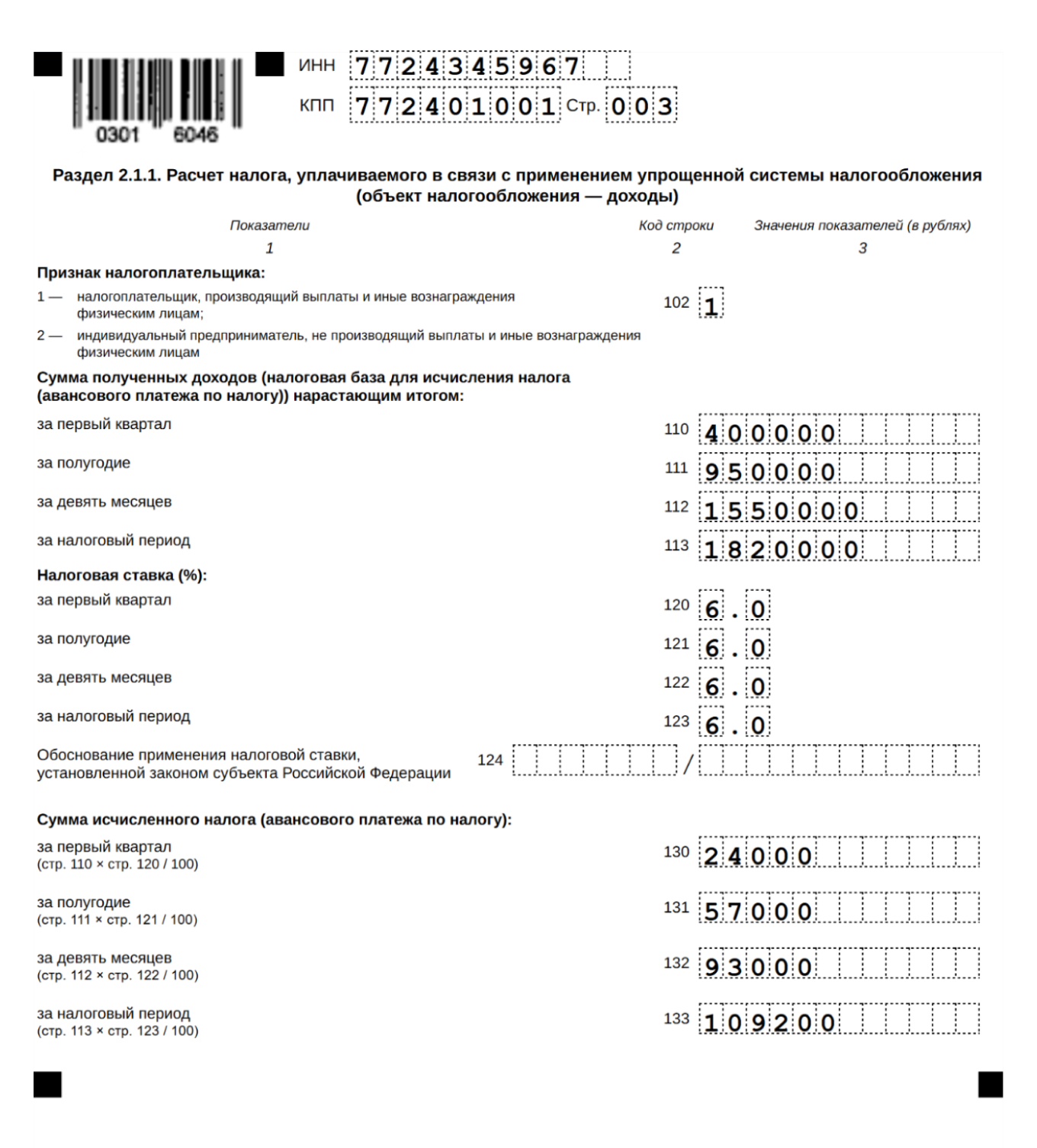 Пример заполнения раздела 2.1.1 декларации по УСН «Доходы»