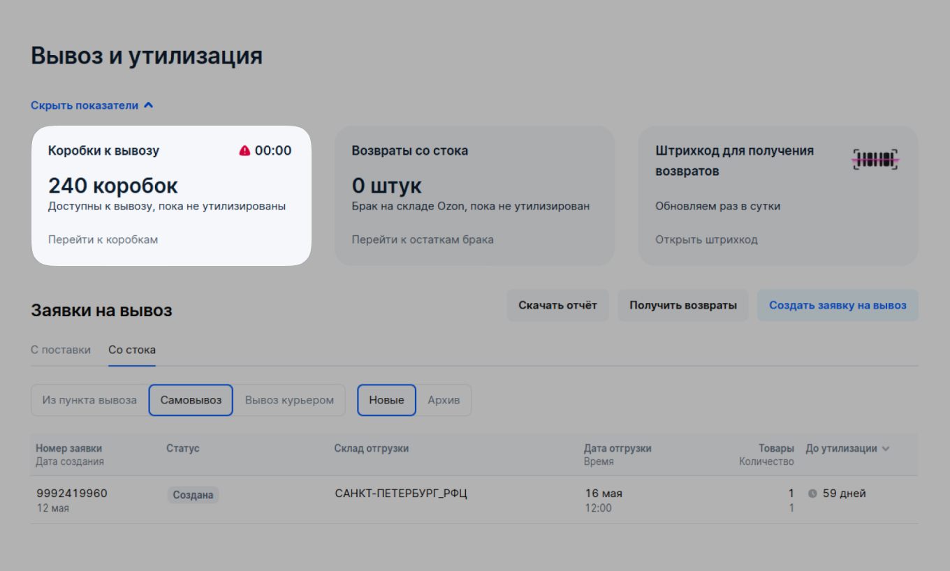 Коробки с возвратами на Ozon