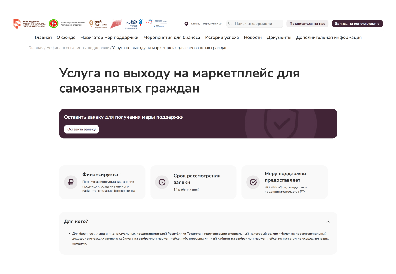 Доступные меры поддержки для самозанятых на портале «Мой бизнес» Республики Татарстан