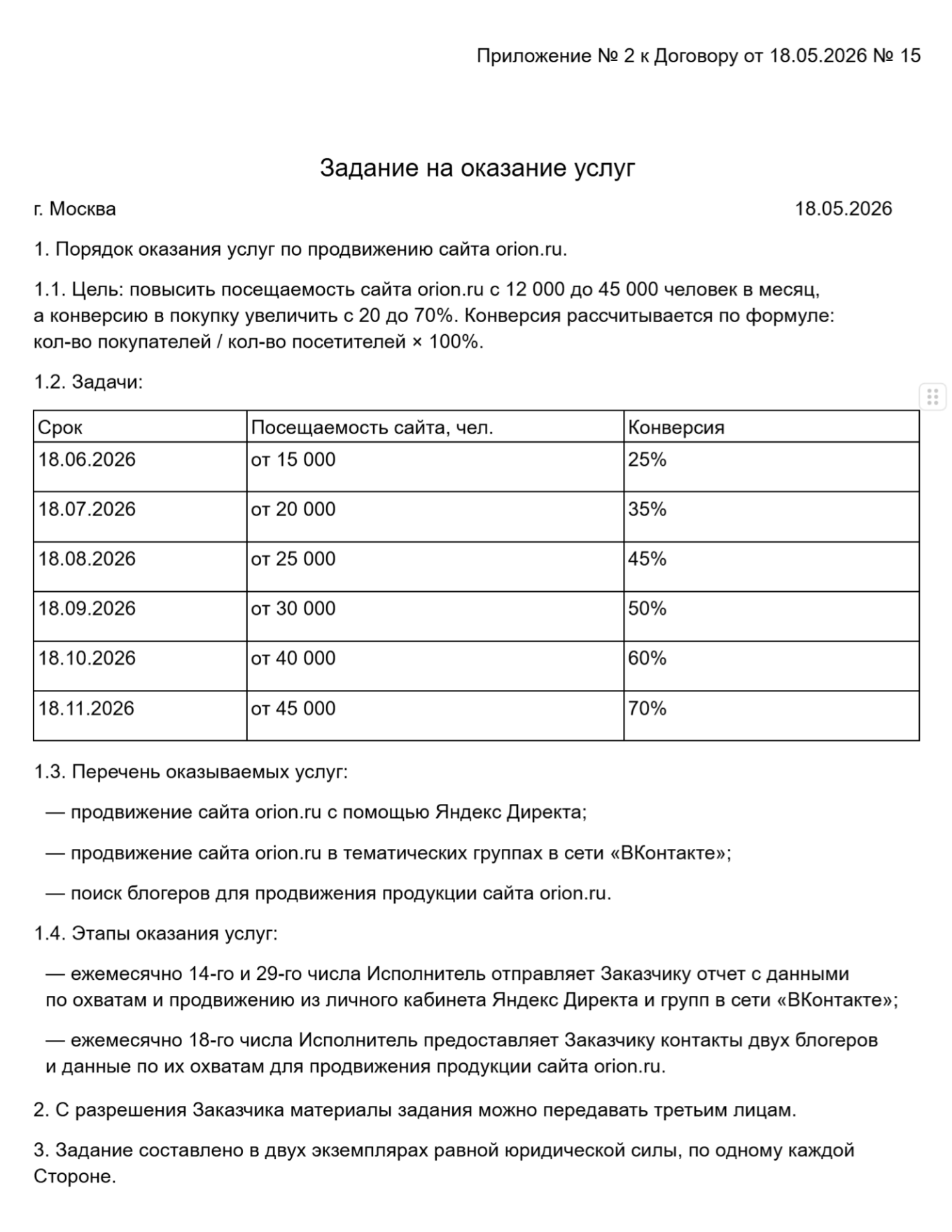 Пример ТЗ на услугу по продвижению сайта