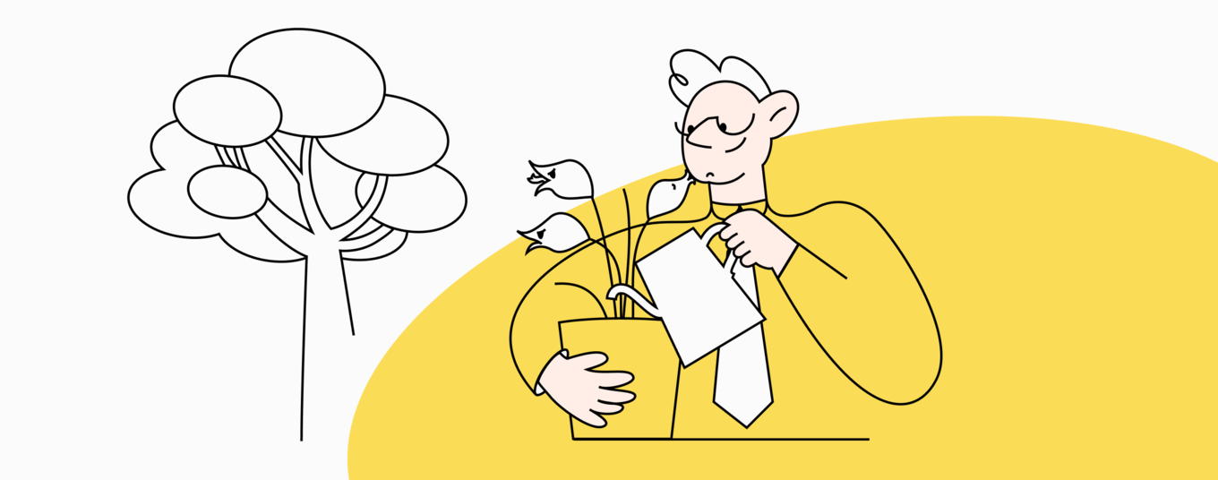 Иллюстрация человека, поливающего цветок, символизирует идею, что брендинг – это процесс роста и заботы. Даже скромный бизнес способен вырастить сильный бренд, если относится к нему как к стратегическому активу и стратегическому капиталу, а не статье временных затрат