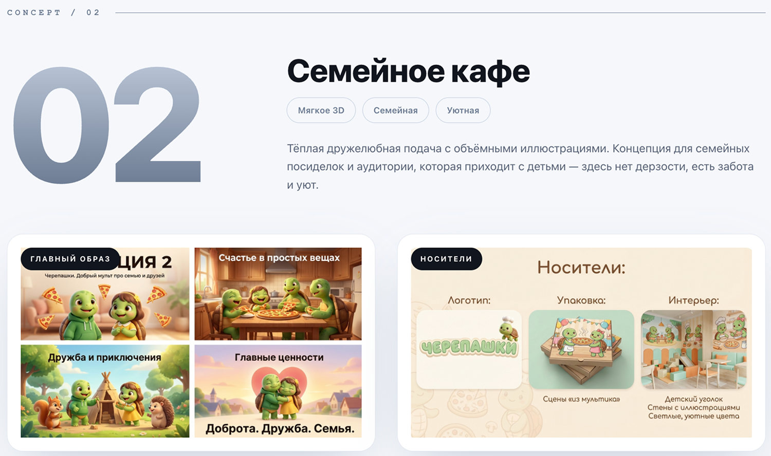 «3D-черепашка в фартуке с пиццей, пастельный фон» и «Упаковка и меню с мягкими иллюстрациями».