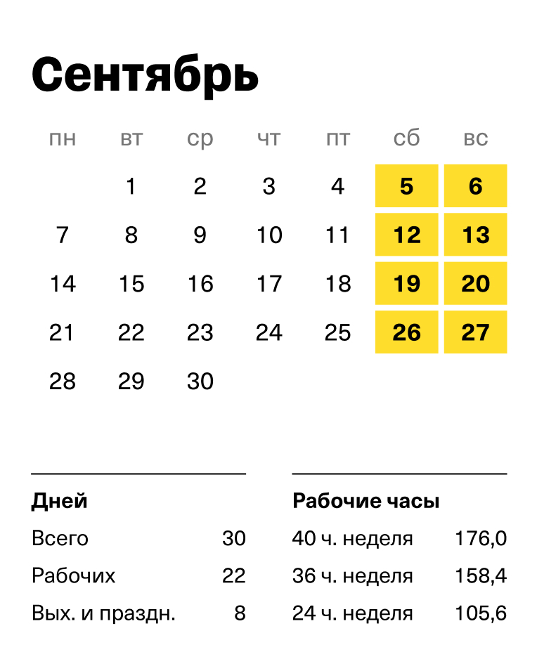 Производственный календарь на сентябрь 2026 года