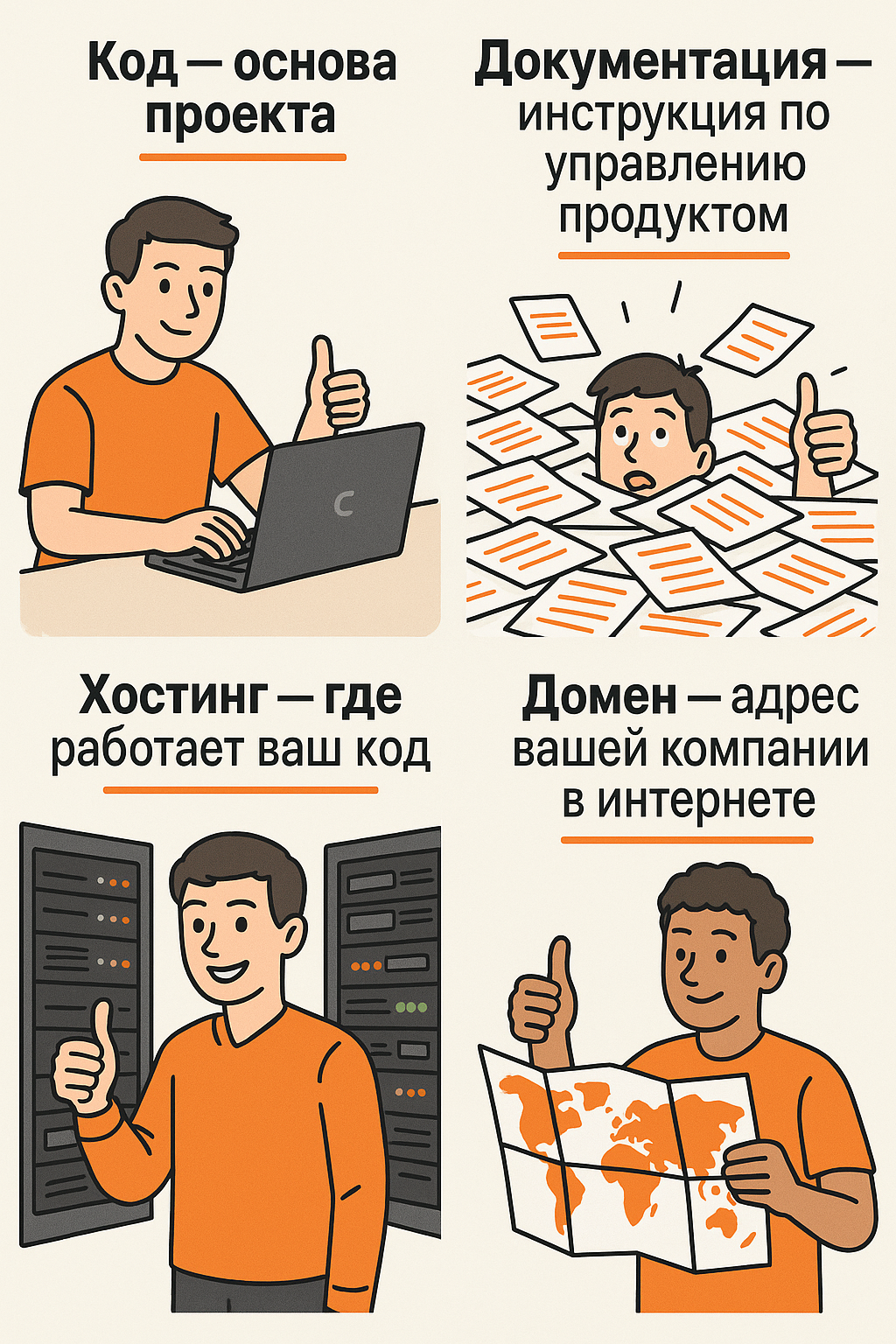 Чтобы владеть сайтом, держите под контролем код, сервер, домен и инструкции