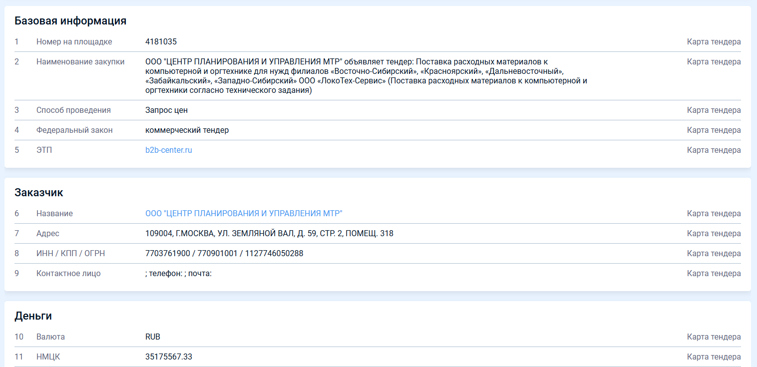 Карточка тендера с базовой информацией