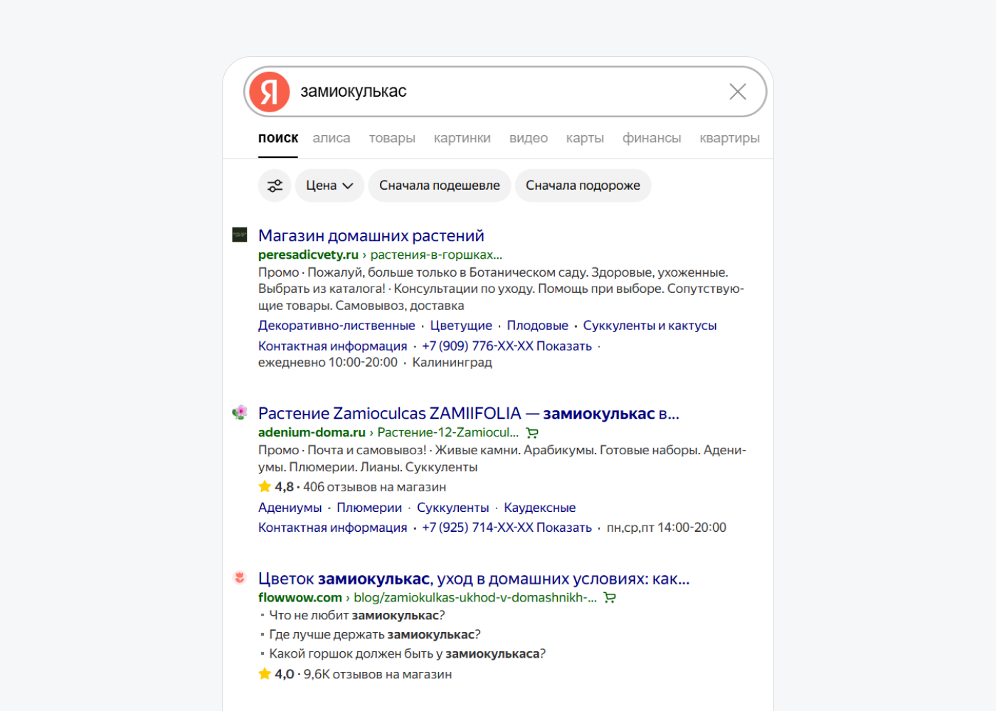 Сниппеты в поисковой выдаче Яндекса с разделами сайта, контактами и рейтингами
