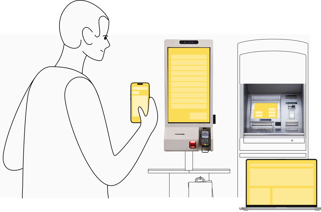 Человек взаимодействует с несколькими цифровыми устройствами: смартфоном, киоском самообслуживания, банкоматом и ноутбуком – каждый с уникальным активным интерфейсом