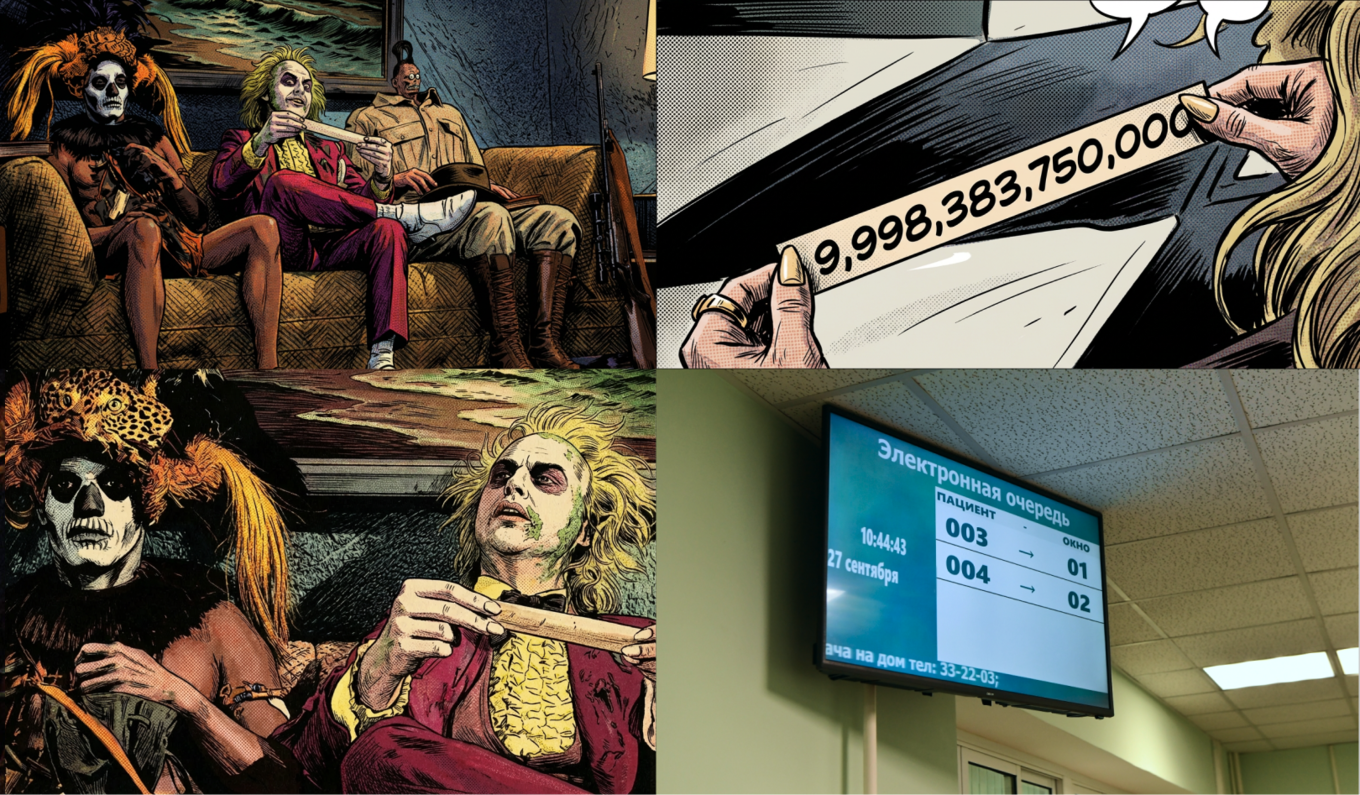 Коллаж из четырёх сцен: гротескные персонажи в мрачной зоне ожидания, билет с абсурдно длинным номером, электронная очередь на экране