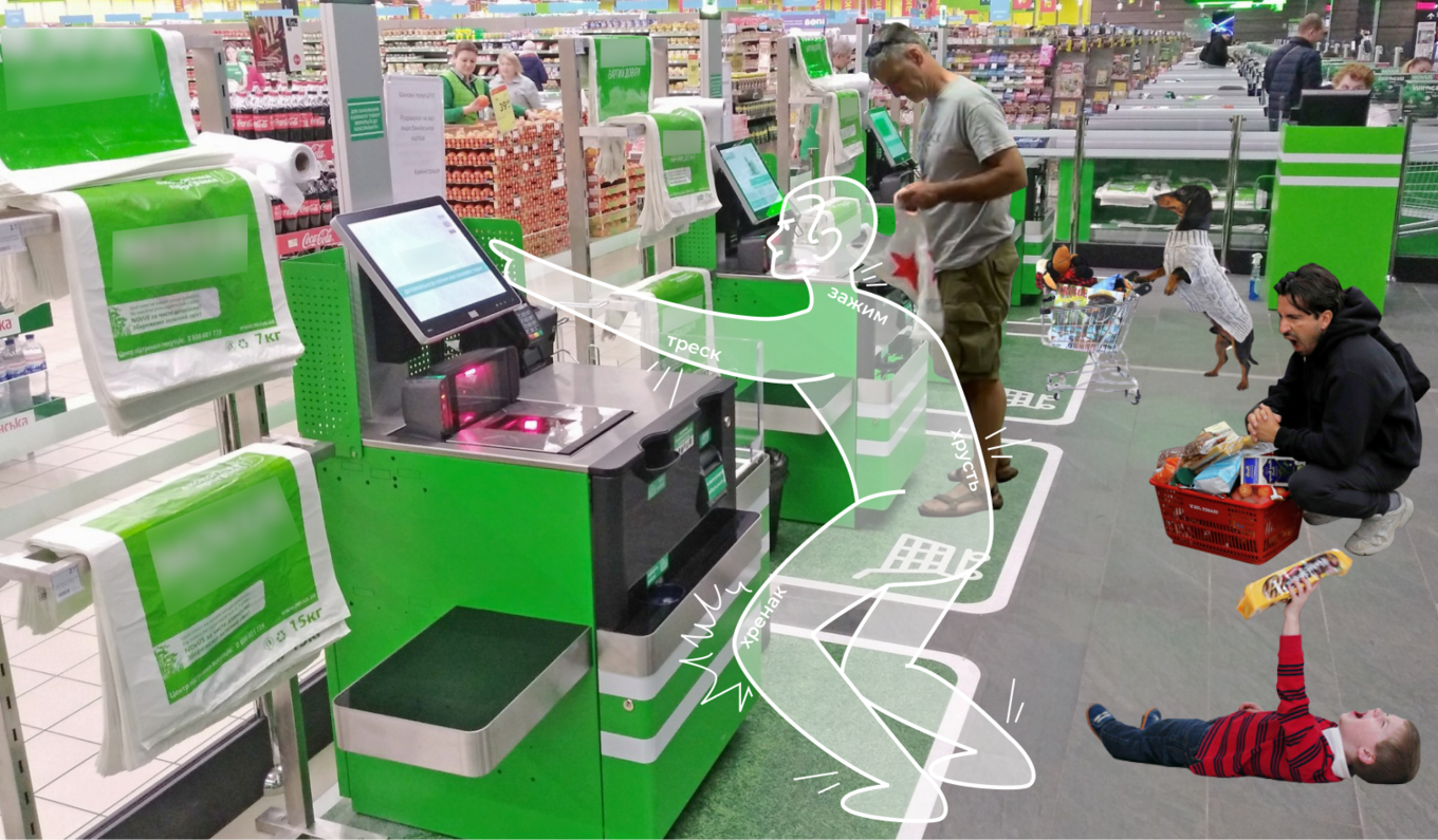 Касса самообслуживания в супермаркете: мужчина использует терминал, рядом женщина с корзиной и ребёнок, который бьётся в истерике на полу. Поверх изображения – схематичный рисунок с подписями болящих частей тела и действий