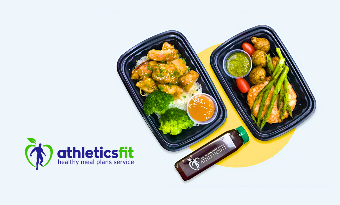 Логотип АтлетиксФит и ассортимент здорового питания: готовые блюда в контейнерах