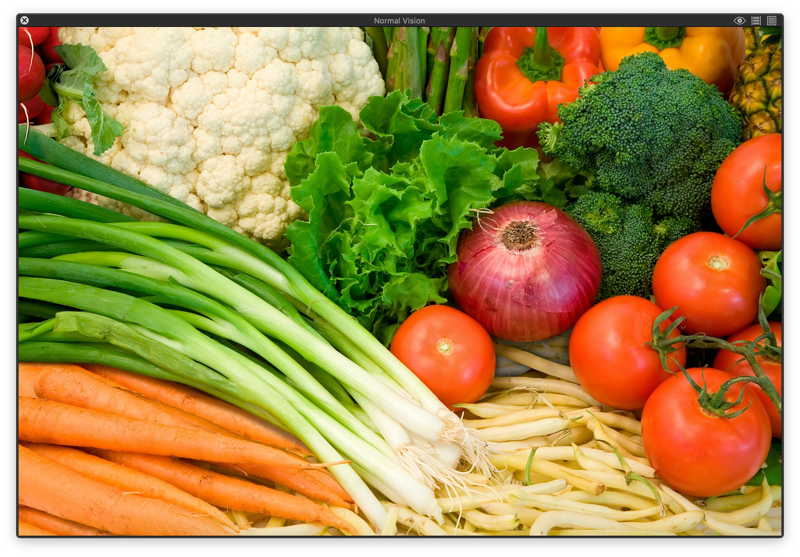 Так выглядит палитра овощей для человека с нормальным зрением: насыщенные зелёные, красные и жёлтые оттенки легко различимы