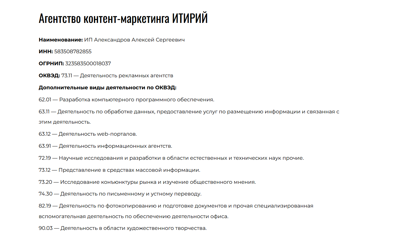 Данные об ИП на сайте