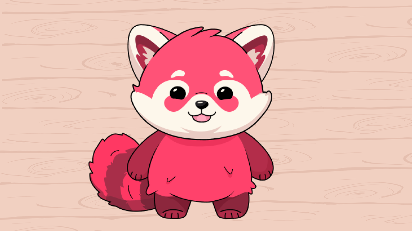 Красная панда Пандагочи стоит на деревянном фоне и улыбается, демонстрируя свой базовый облик внутри приложения