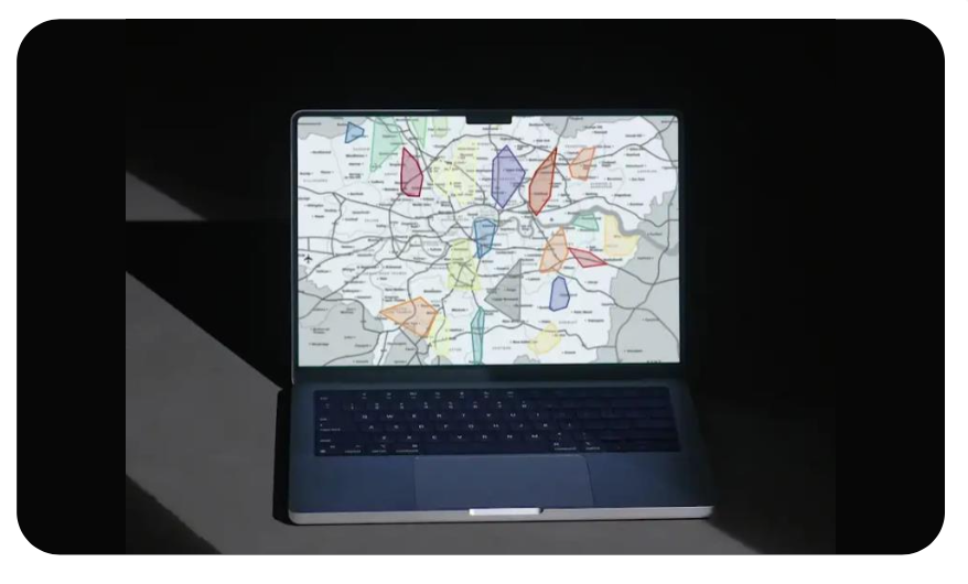 Кластеры медучреждений на плане города, составленные для оптимизации маршрута медпредставителей