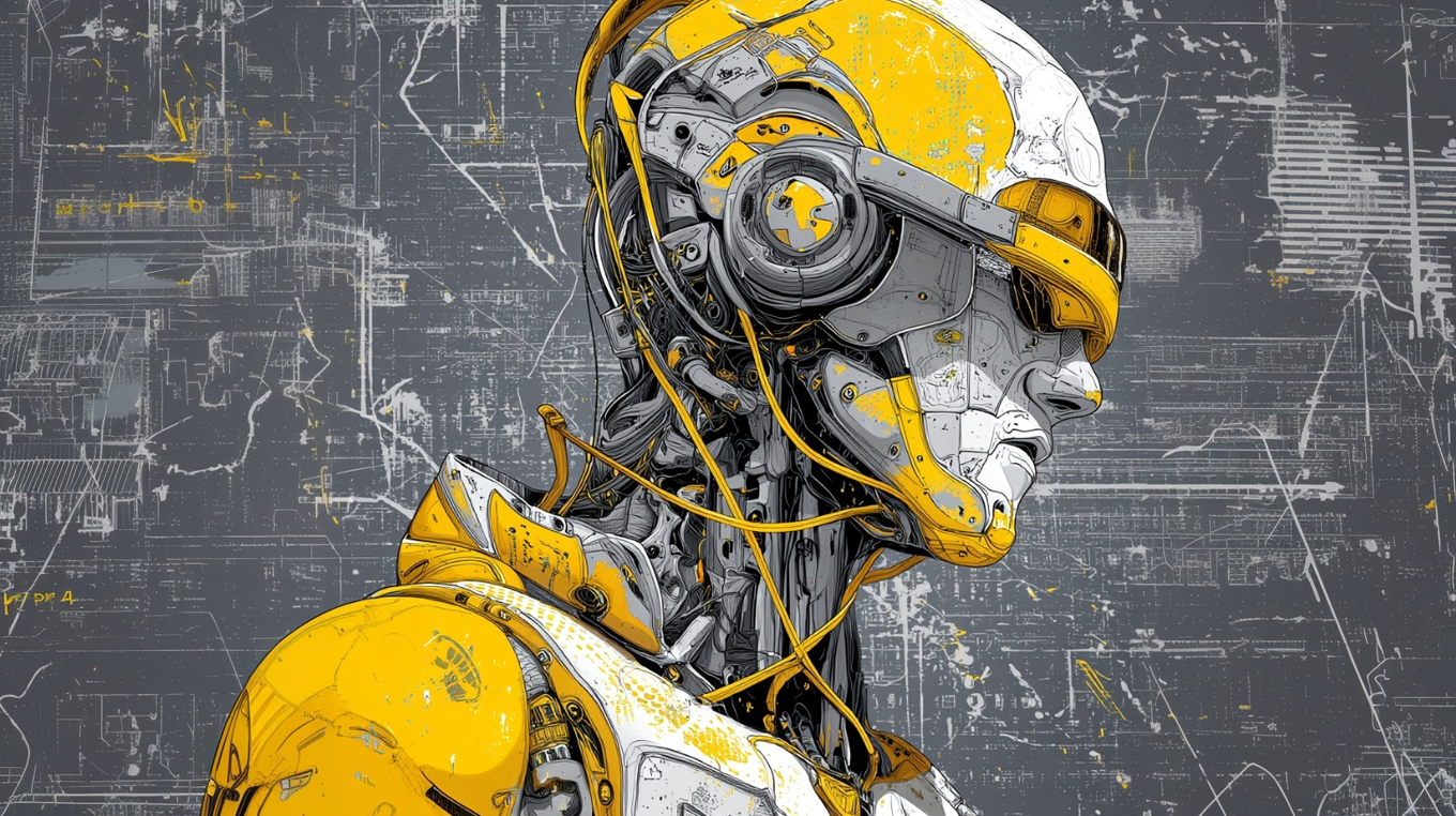 Киборг с желто-серыми деталями, символизирующий интеграцию ИИ и человека в современном бизнесе. Концепция человека, усиленного искусственным интеллектом