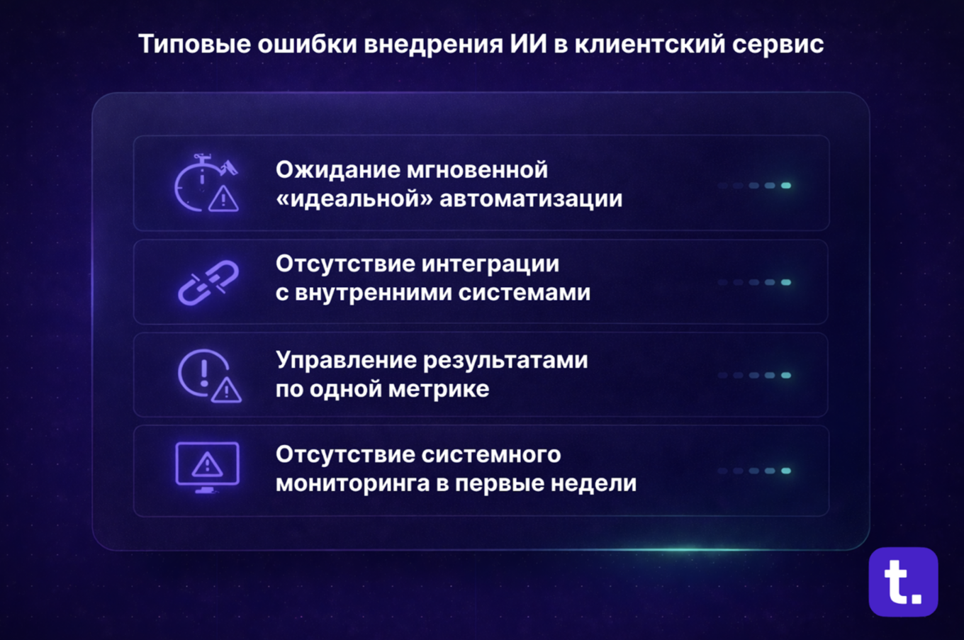 Иллюстрация со списком типовых ошибок внедрения ИИ в клиентский сервис
