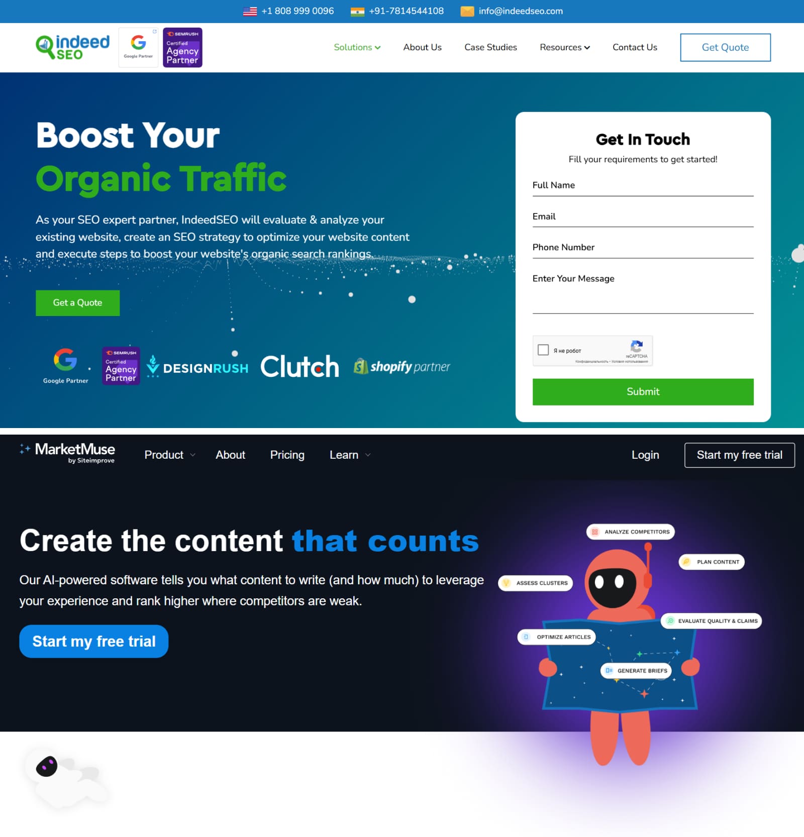 Стартовые страницы сайтов MarketMuse и IndeedSEO