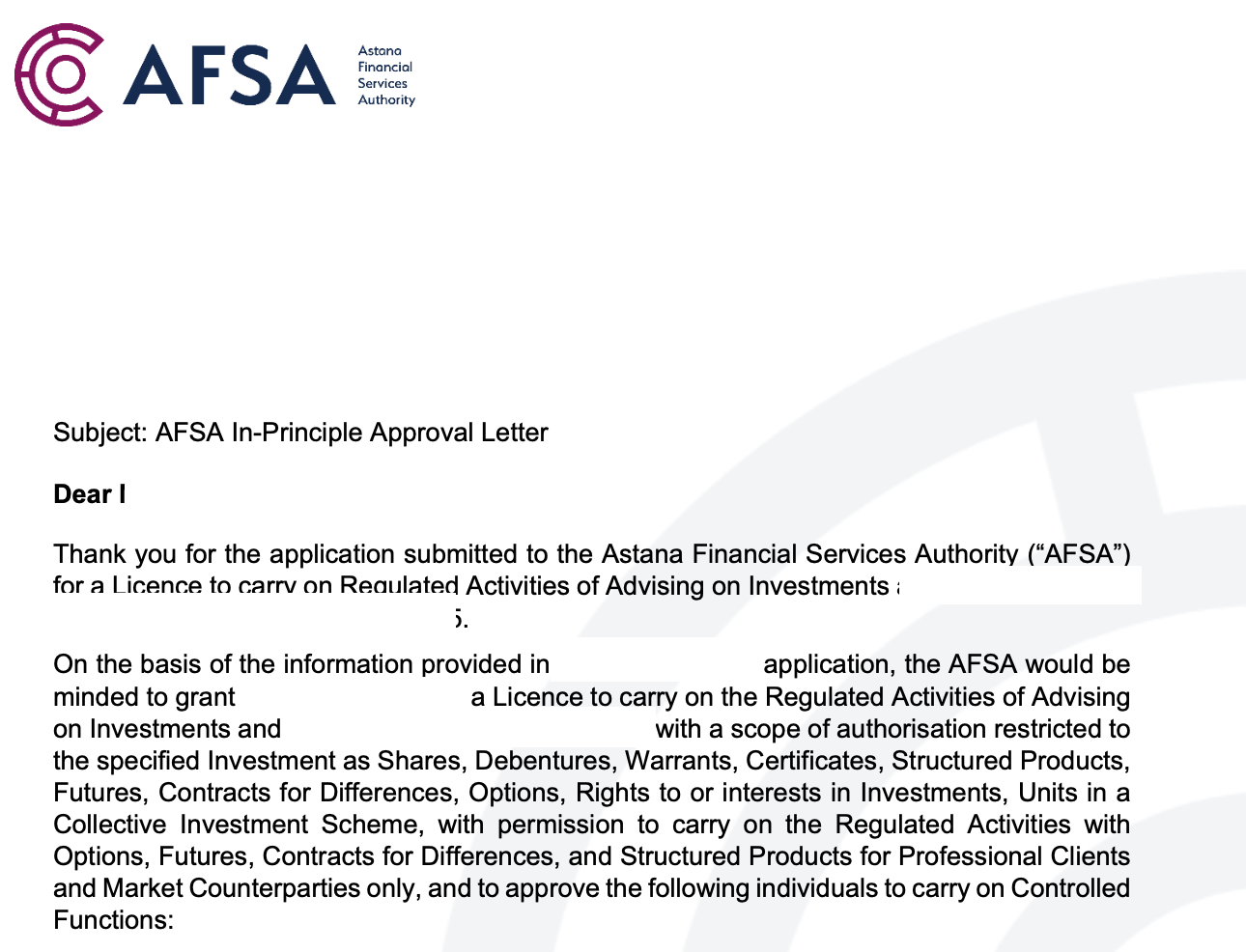 Письмо AFSA In-Principle Approval Letter
