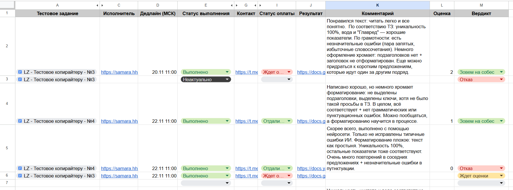 Пример систематизации данных по тестовым заданиям копирайтеров