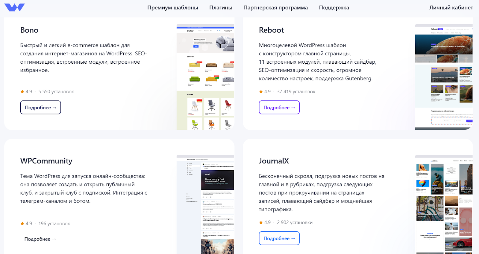 Страница с каталогом премиум-тем WordPress: карточки тем, рейтинги и количество установок