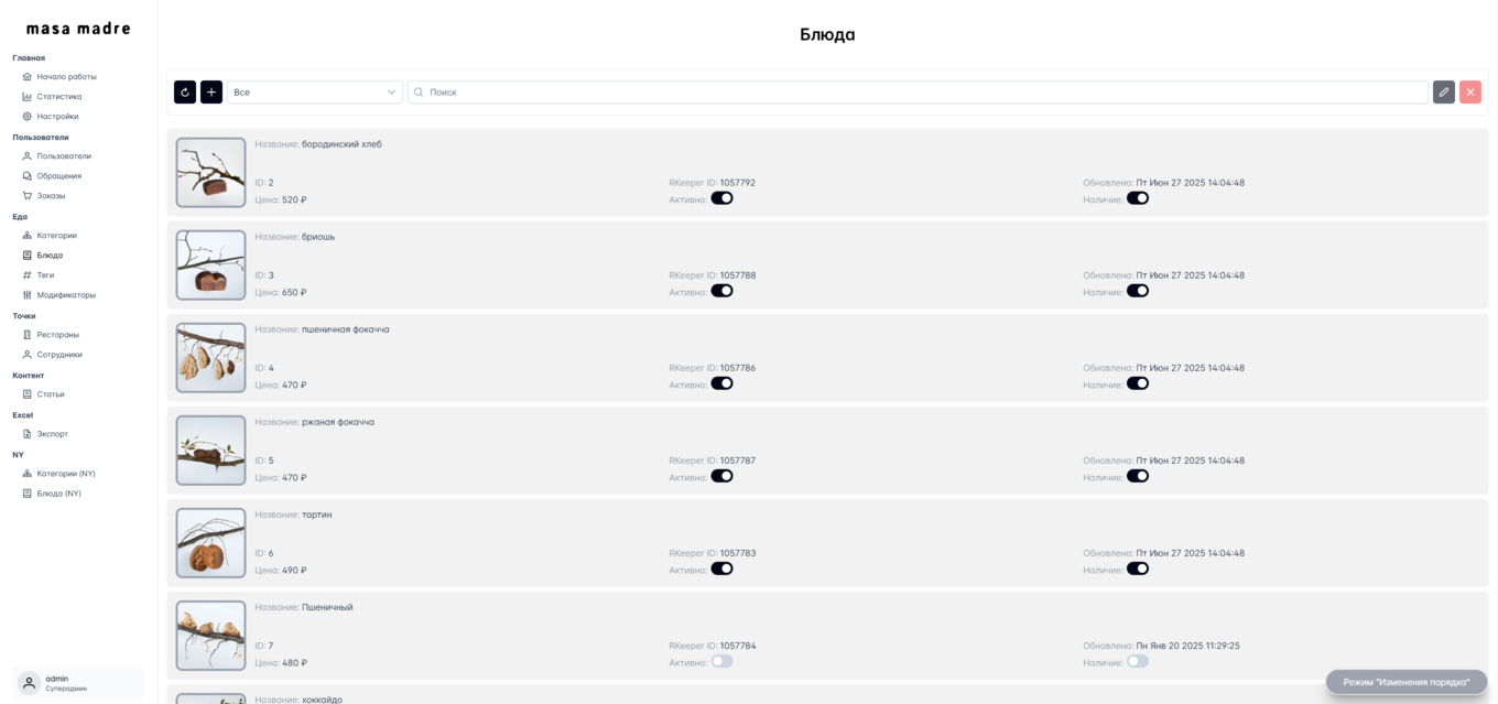 Интерфейс панели администратора
