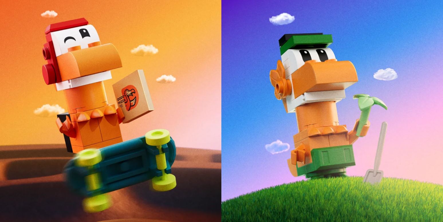 Две коллекционные мини-фигурки талисмана «Додо Пиццы», собранные из конструктора «РУБРИК» в разных тематических образах