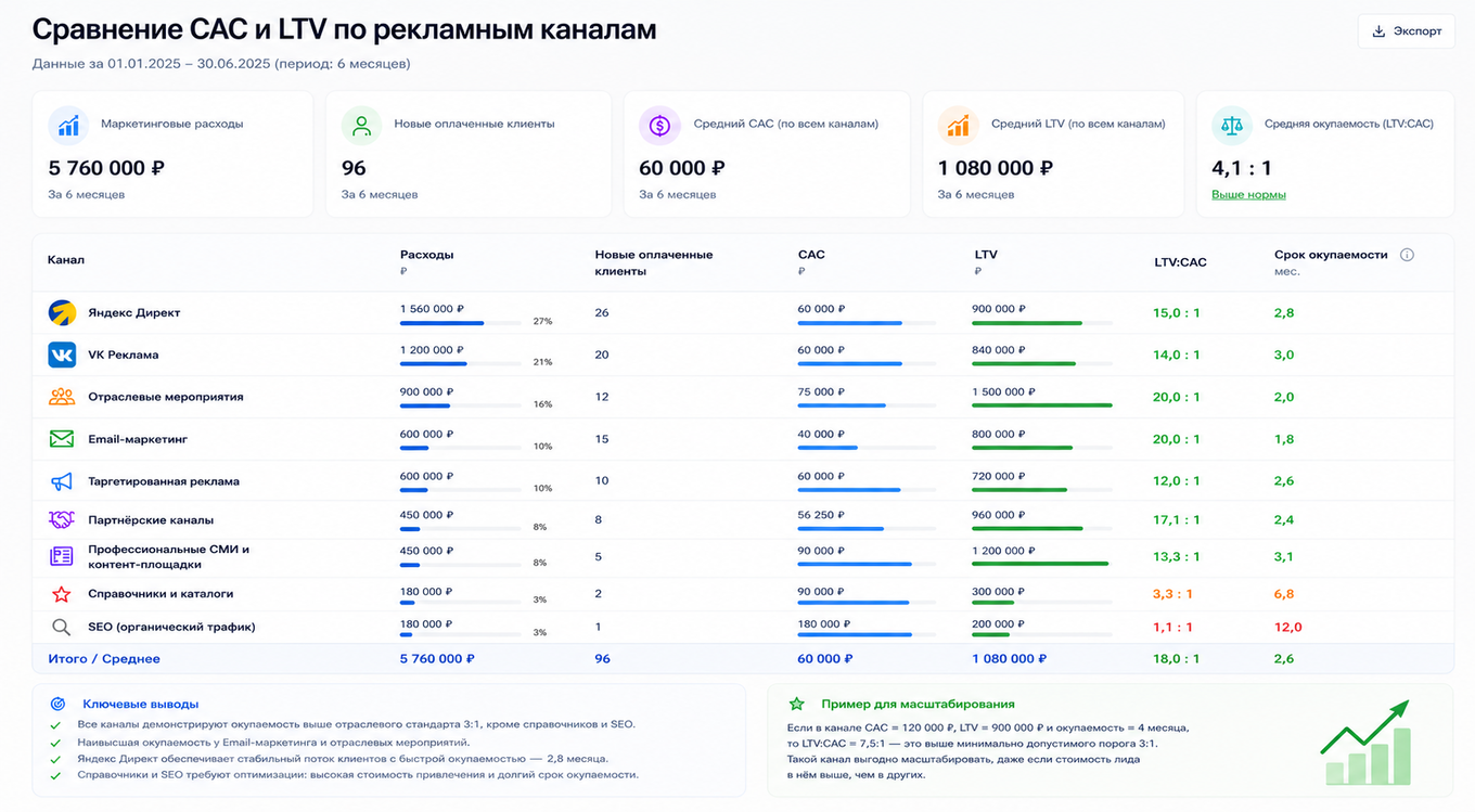 Сравнение CAC и LTV для разных рекламных каналов