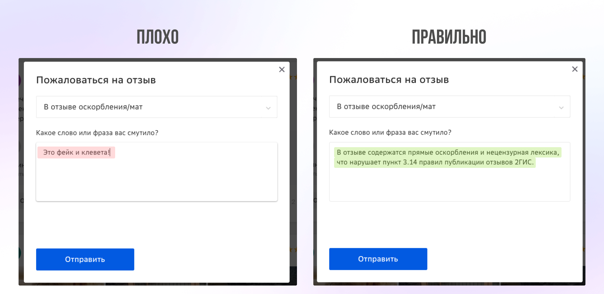 Пример оформления жалобы на отзыв в 2ГИС с правильной формулировкой причины удаления