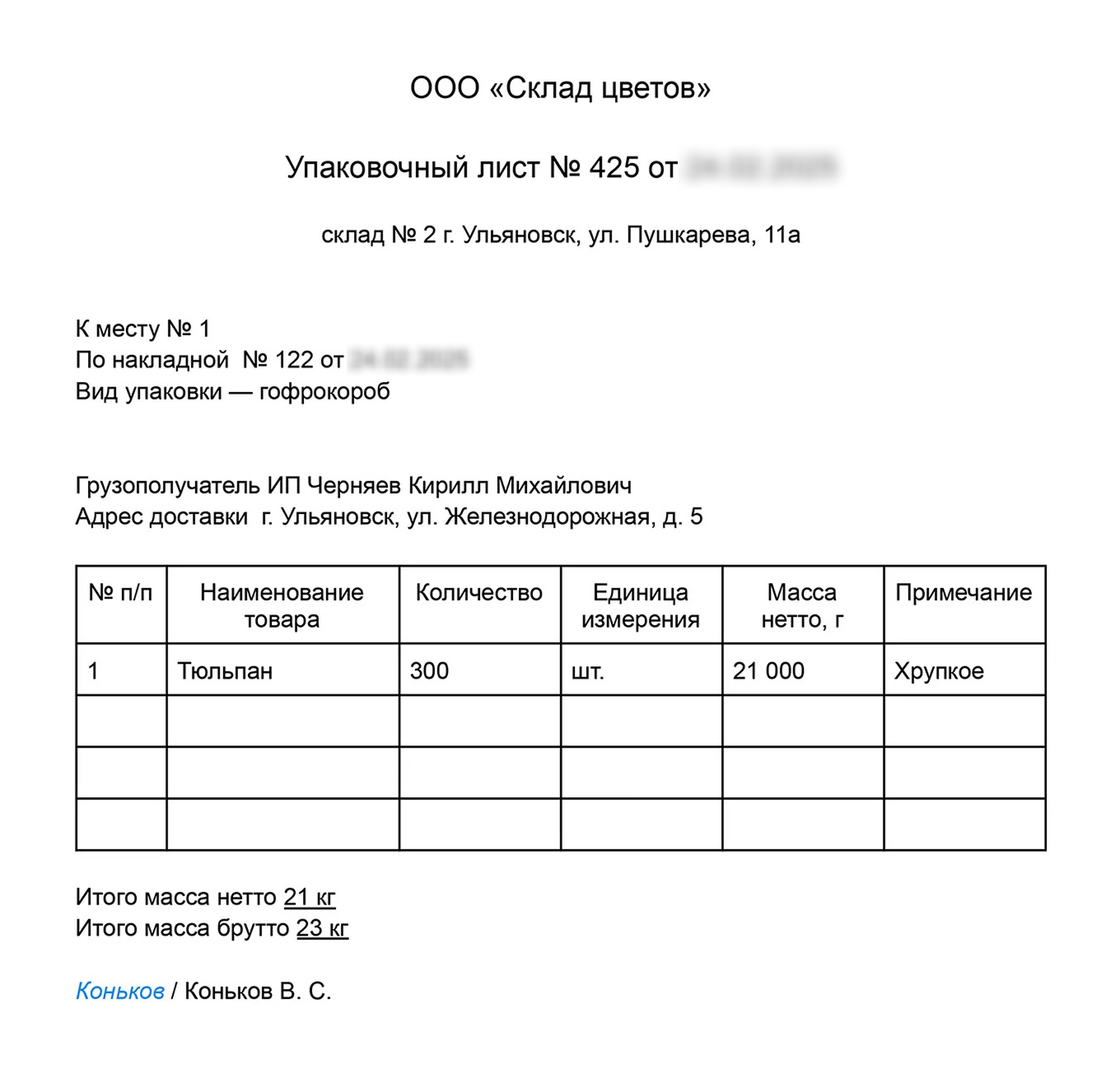 Образец упаковочного листа