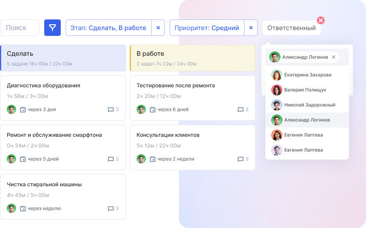 Задачи команды, распределенные по этапам работы