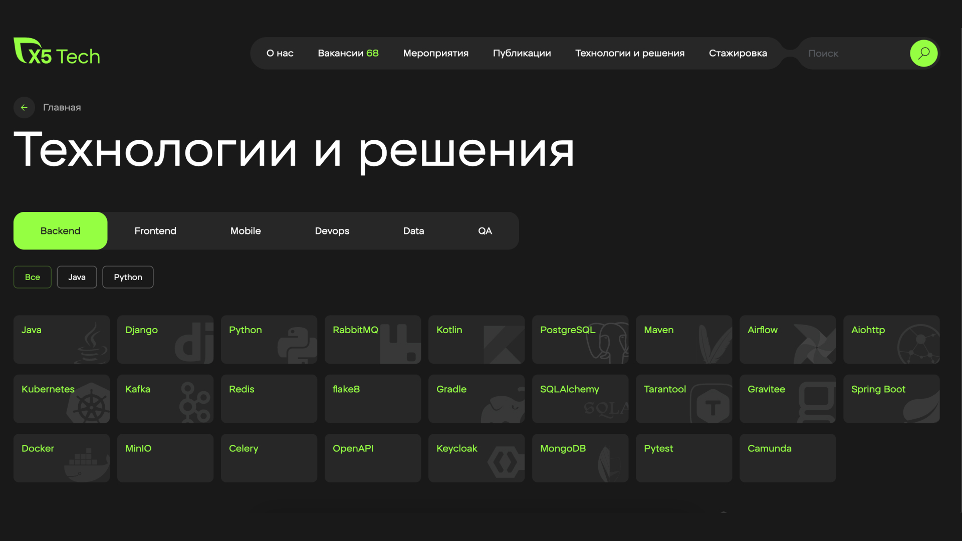 Страница Х5 Tech с направлениями и технологиями: обзор команд и используемых стеков