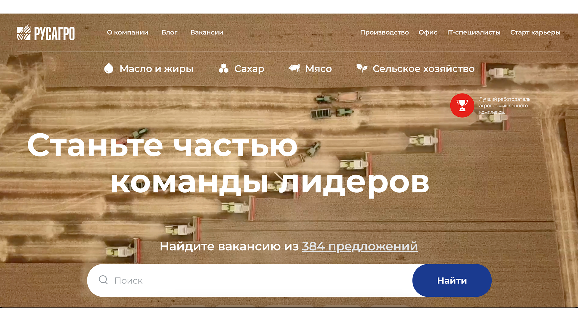 Главная страница карьерного сайта «Русагро» с быстрым доступом к вакансиям
