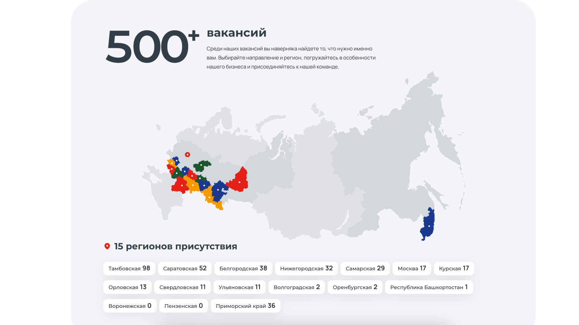 «Русагро» — интерактивная карта вакансий по регионам с подсказкой при наведении и ссылкой на форму отклика
