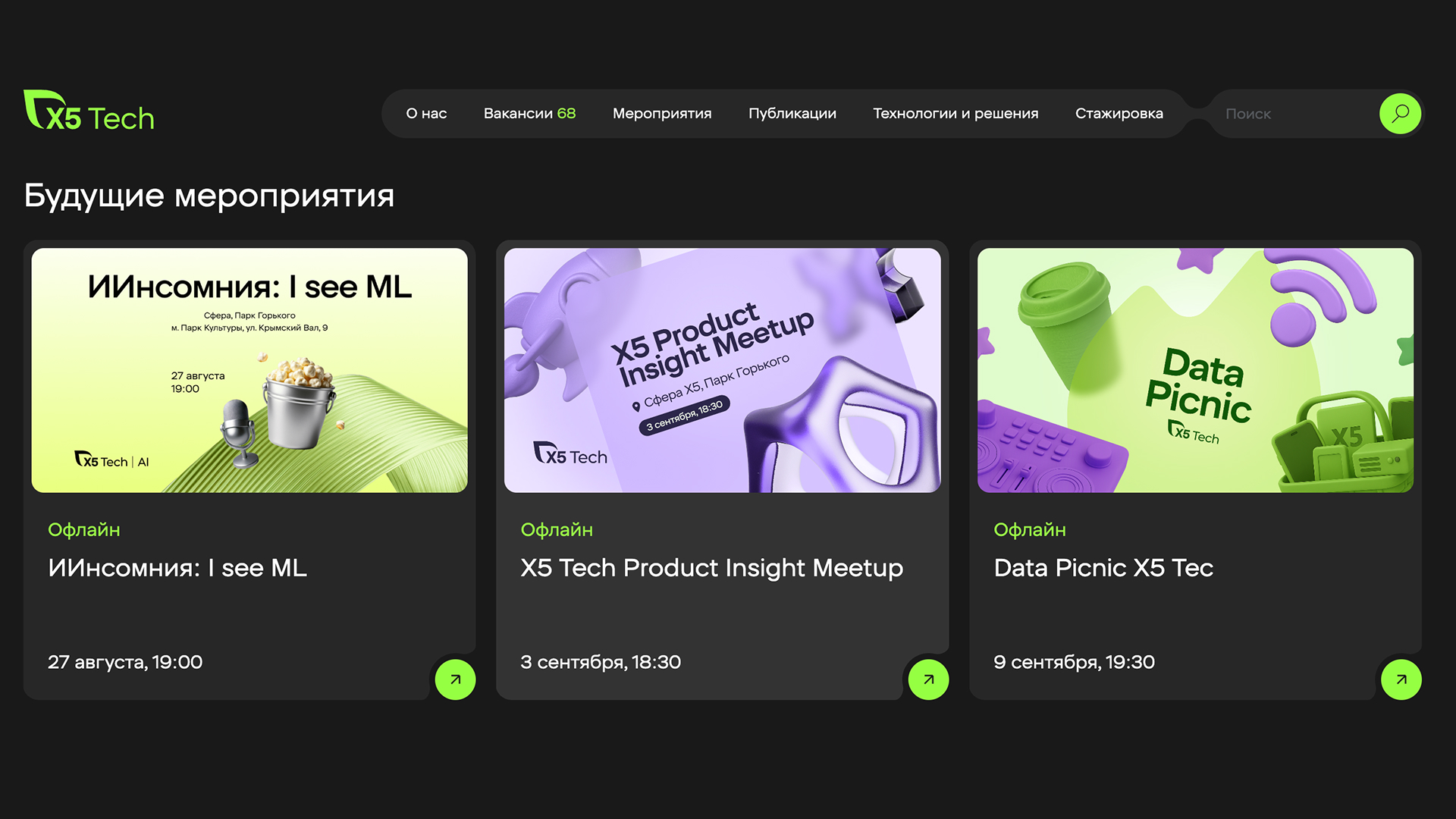 Страница мероприятий: предстоящие события, регистрация и список прошедших мероприятий