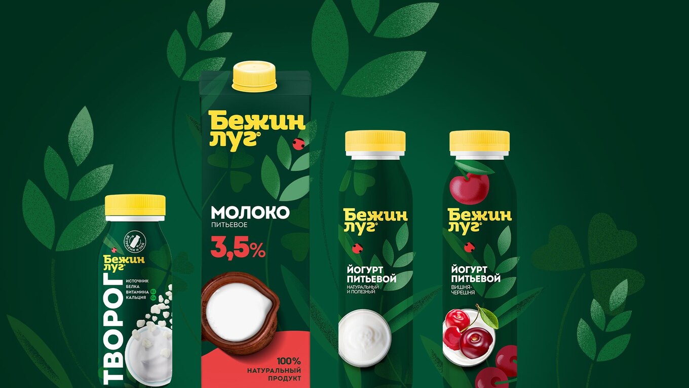 Линейка молочных продуктов «Бежин луг» в обновленном дизайне упаковки с насыщенной зеленой палитрой
