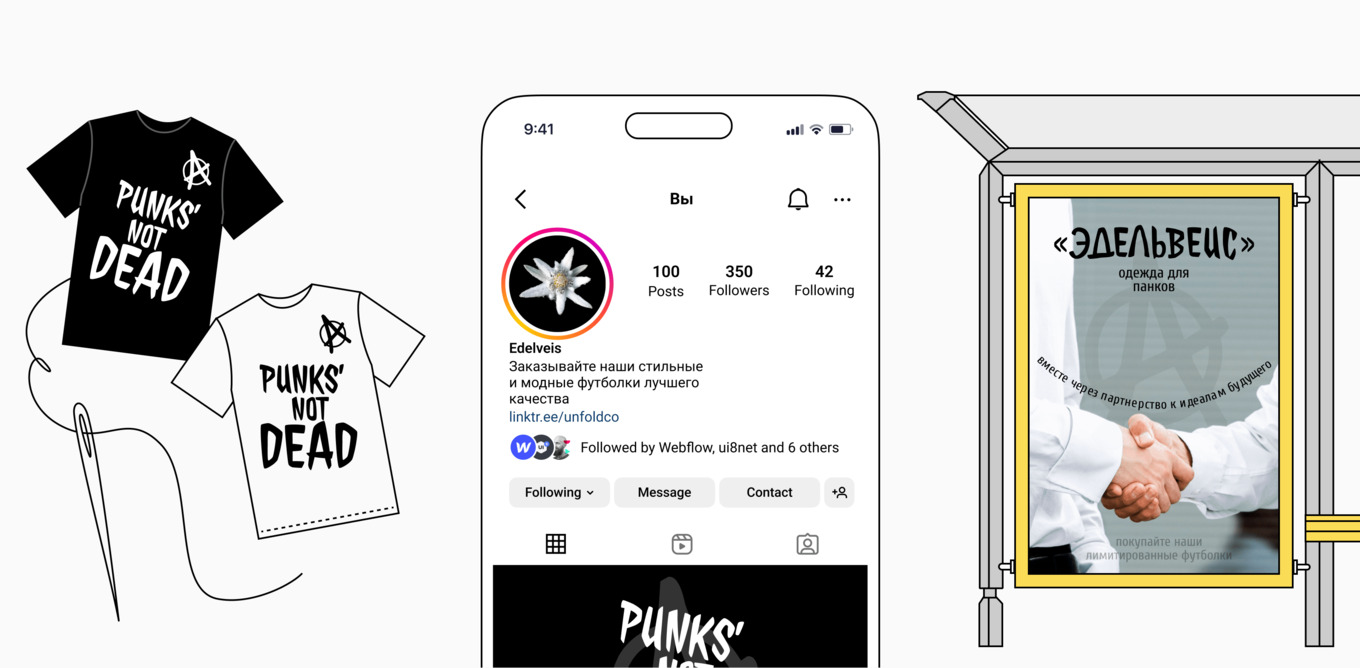 Коллаж из трёх частей: футболки с надписью «PUNKS’ NOT DEAD», Instagram-профиль бренда «Эдельвейс» с описанием модной одежды, и постер с медицинской формой. Иллюстрация показывает несогласованность визуального и смыслового образа бренда