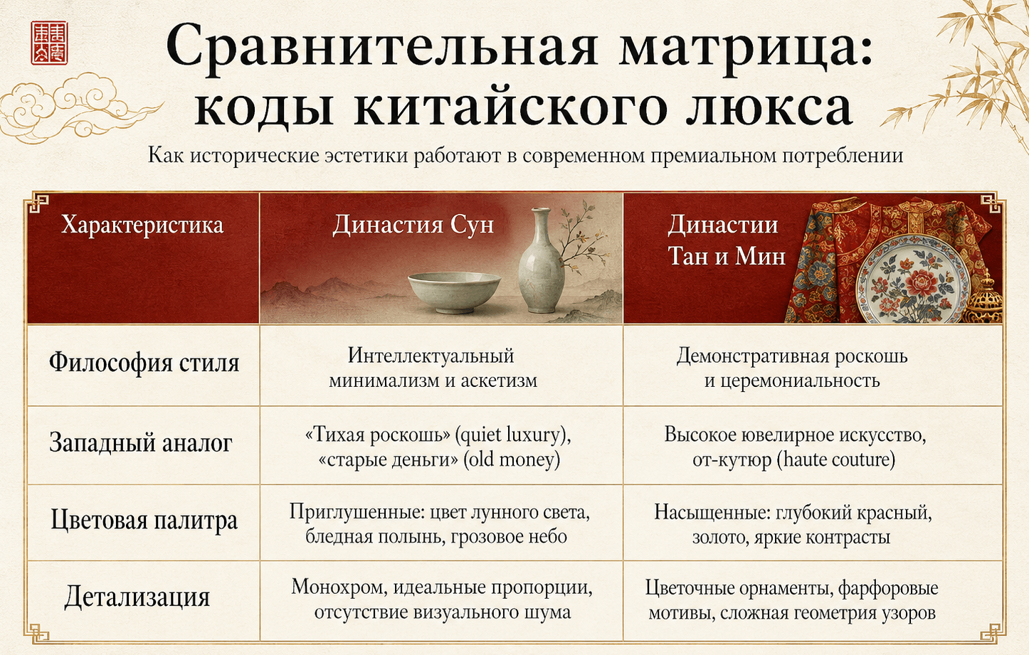 Сравнение кодов китайского люкса: Сун — тихая роскошь и минимализм; Тан и Мин — от-кутюр, яркие цвета и сложные узоры.