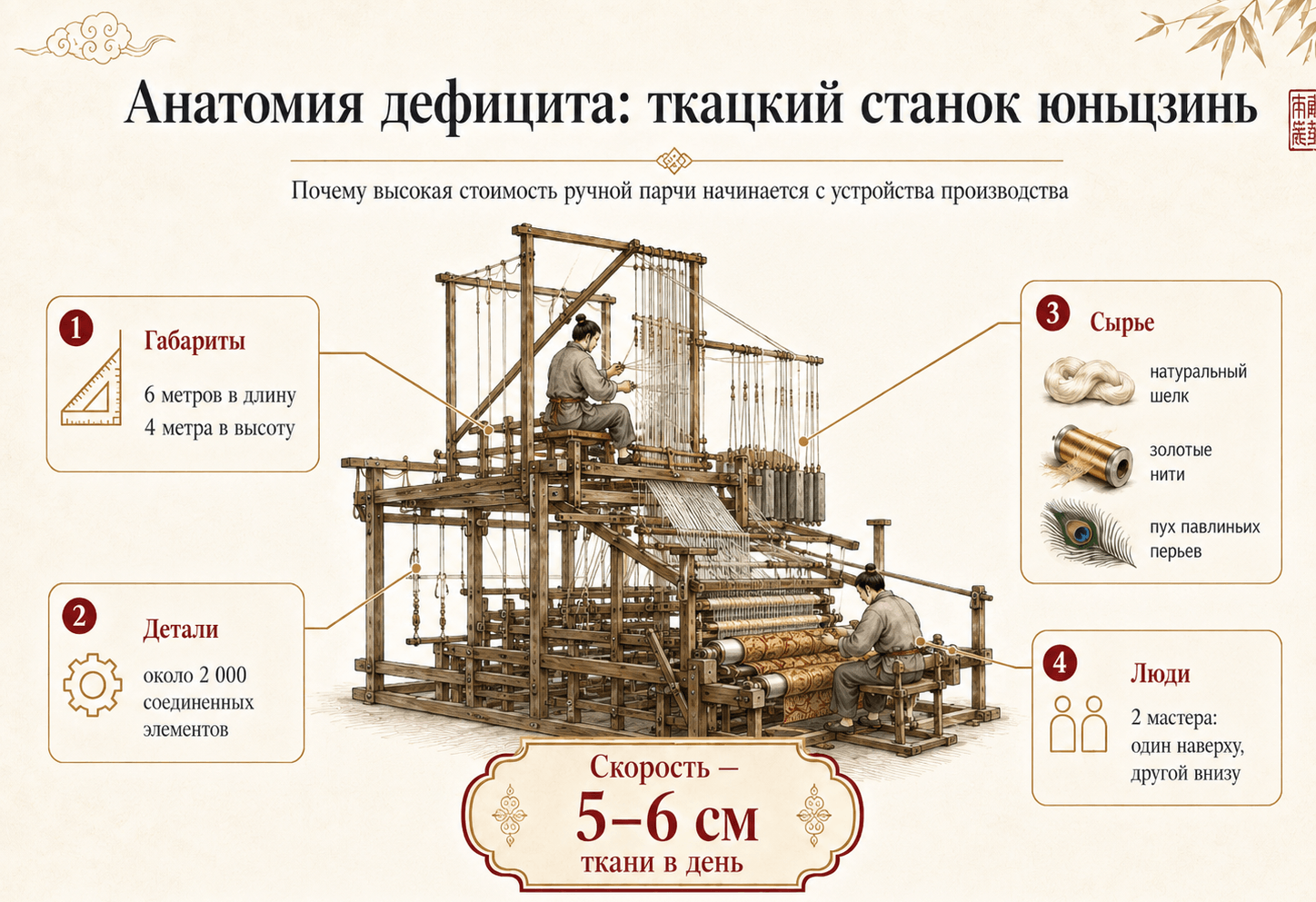 Схема станка юньцзинь: 6×4 м, 2000 деталей, два мастера, шелк, золото и пух павлина; скорость — 5–6 см ткани в день.