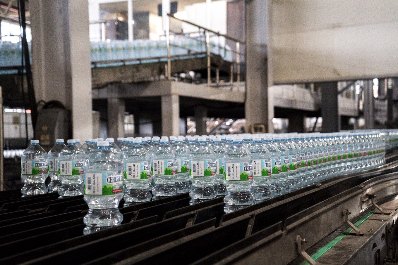 Производственный конвейер с водой Сенежская перед маркировкой