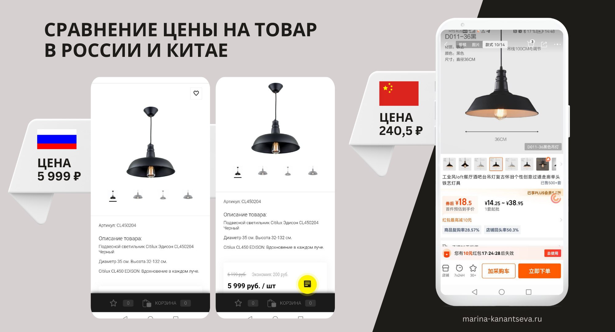 Сравнение цены на подвесной светильник: 5999 ₽ в России и 240,5 ₽ при закупке с китайской платформы