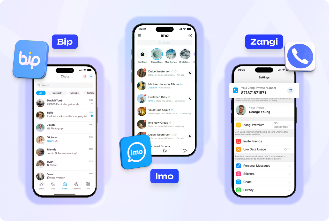 Обзор интерфейса мессенджеров: Bip, Imo, Zangi