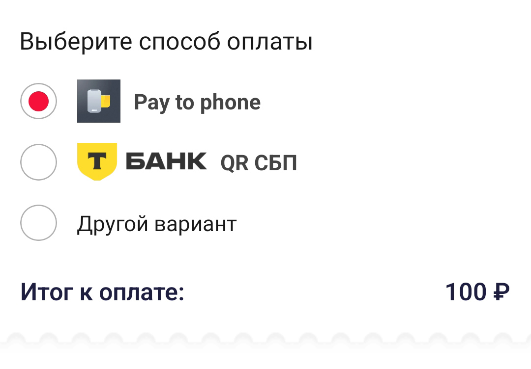 Выбор способа приема оплаты в мобильном приложении