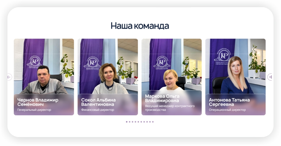 Страница сайта с фотографиями и должностями сотрудников компании