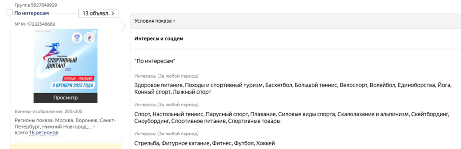 Скриншот настроек рекламного кабинета VK, где отмечены интересы: различные виды спорта — футбол, хоккей и другие