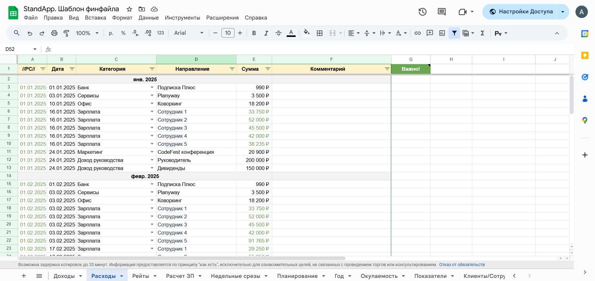 Таблица учета расходов